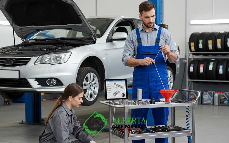 Two mechanics perform car service on a silver car lifted on a hydraulic ramp in a clean auto garage.