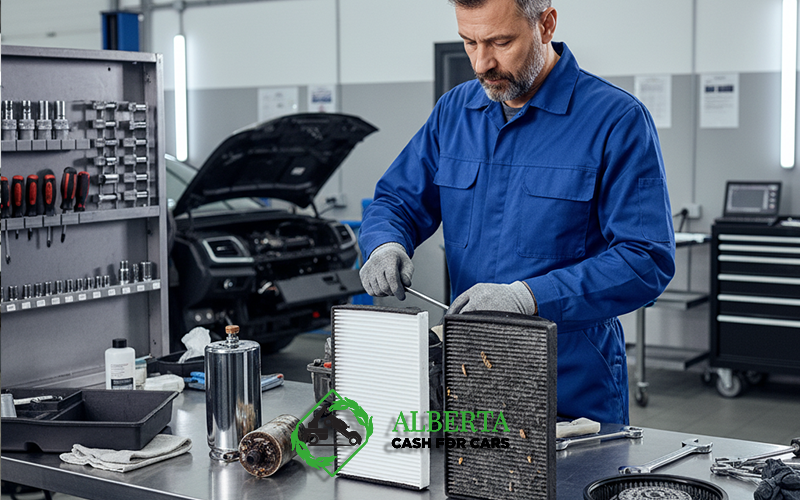 Mechanic compares dirty and clean car filters on a metal workbench in a modern auto garage.