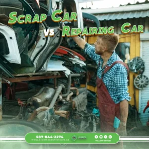 Man in overalls at a junkyard with a pile of car parts. Text: "Scrap Car vs Repairing Car.