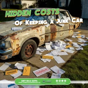 Rusty junk car on a driveway, surrounded by scattered papers and envelopes.