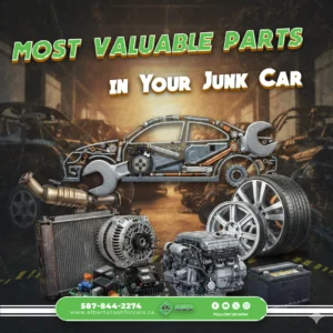 Gemini said Graphic titled "Most Valuable Parts in Your Junk Car" featuring various auto components like an engine, tires, and battery over a salvage yard background.