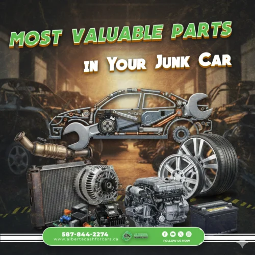 Gemini said Graphic titled "Most Valuable Parts in Your Junk Car" featuring various auto components like an engine, tires, and battery over a salvage yard background.