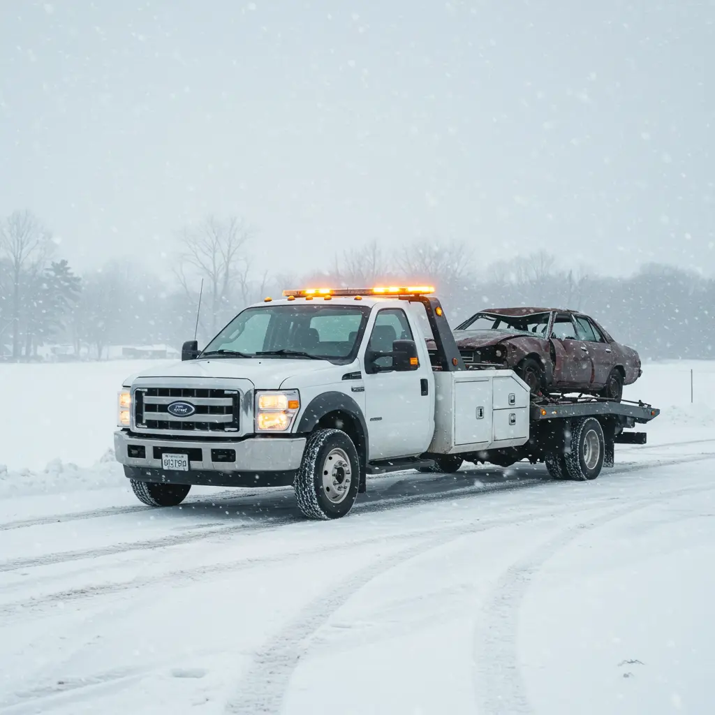  White Ford tow truck carries a junk car on a snowy, rural road during a blizzard.