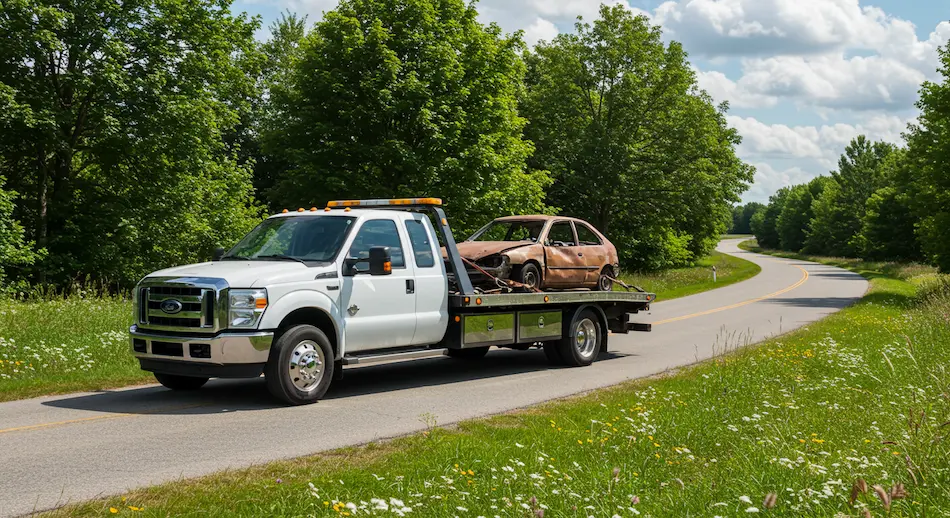 White Ford tow truck carries a rusty salvage car on a rural road surrounded by green trees and fields.