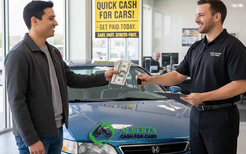Man selling blue car, getting cash from dealership employee. "QUICK CASH FOR CARS!" sign, Alberta Cash For Cars logo.