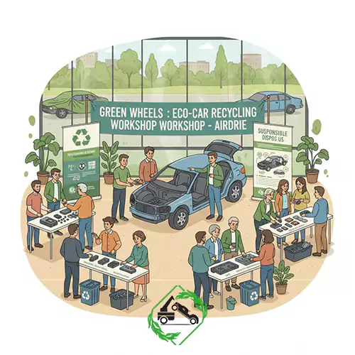 An illustration of a bustling "Green Wheels: Eco-Car Recycling Workshop" in Airdrie, with people learning about car part recycling.