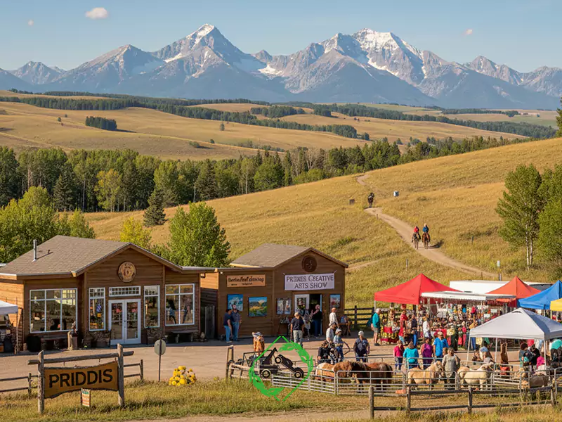A scenic Priddis, Alberta, shot with snow-capped mountains and rolling hills overlooking a busy Priddis Arts Show.