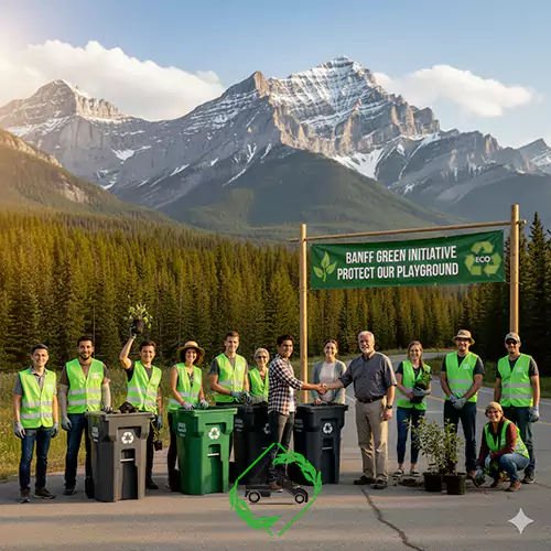A large group of volunteers in neon vests pose with recycling bins, holding seedlings under a "Banff Green Initiative" banner.