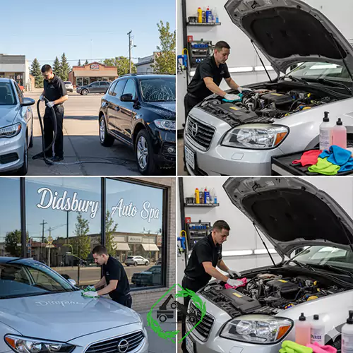 A collage showing a professional cleaning cars at "Didsbury Auto Spa," washing exteriors and detailing engines.