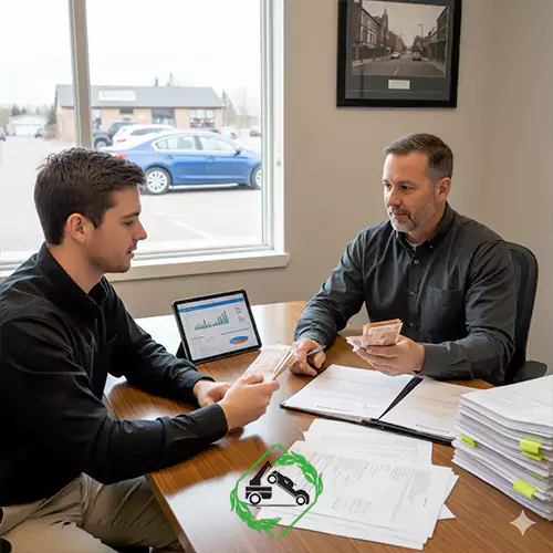 Two men sit at a desk, exchanging a stack of money for paperwork, with a tablet displaying a business chart.