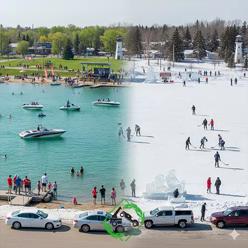 A side-by-side view shows Sylvan Lake in summer, with people swimming, and in winter, with people playing ice hockey.