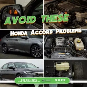 Collage of common Honda Accord problems, including a dashboard light, engine bay, gray sedan, and suspension system.