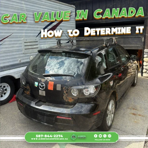 Front view of a damaged, dirty gray Toyota Matrix in a junkyard on a bright day. Alberta Cash for Cars logo.