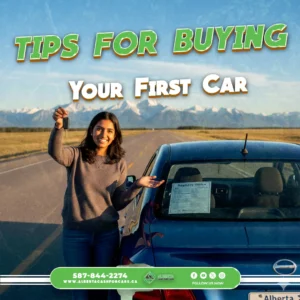 Tips for Buying Your First Car over a smiling woman with car keys, new blue car, open road, and Rocky Mountains.