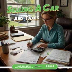 Woman calculating taxes at desk. Text: "SELLING A CAR AND TAXES." Alberta Cash For Cars contact info, social media icons.