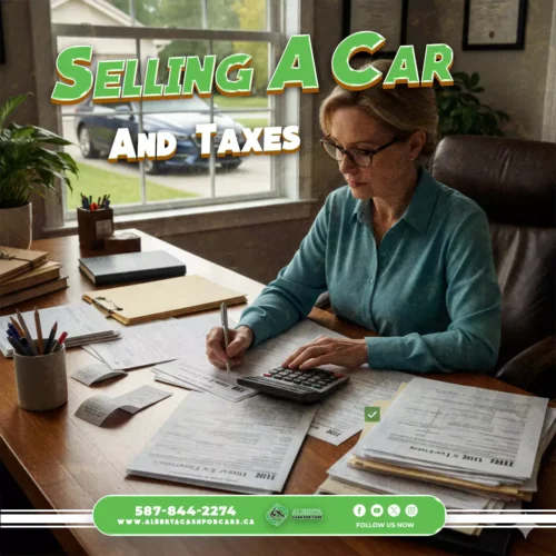 Woman calculating taxes at desk. Text: "SELLING A CAR AND TAXES." Alberta Cash For Cars contact info, social media icons.