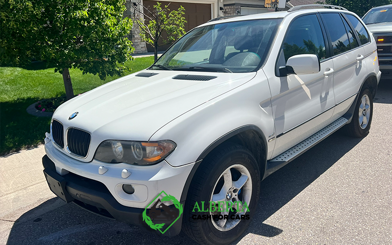 White BMW SUV (X5) parked on a residential street in summer; green lawn and house in background; "ALBERTA CASH FOR CARS" logo.