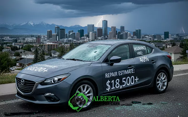Hail-damaged grey car in Calgary, Alberta with broken windshield, downtown skyline, and a lightning storm. Repair cost text: $18,500+.