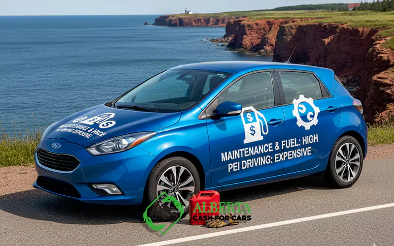Blue Hyundai parked on a Prince Edward Island coastal road with red cliffs, ocean, fuel can, and text: PEI Driving: Expensive.