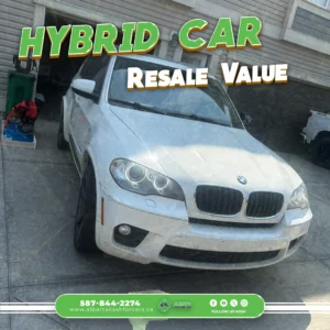 Hybrid Car Resale Value – White BMW SUV in residential driveway with garage clutter and promo text overlay
