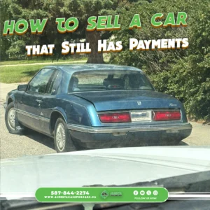 Dark blue Buick Riviera coupe parked on a residential street. Text: "HOW TO SELL A CAR THAT STILL HAS PAYMENTS."