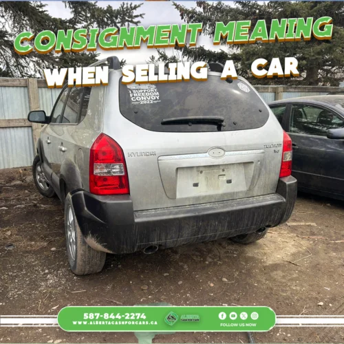 dusty silver Hyundai Tucson V6 parked on dirt lot with consignment selling text overlay