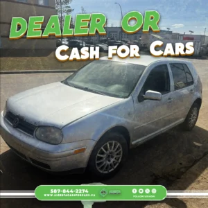 Silver Volkswagen Golf parked outside with text "DEALER OR CASH FOR CARS" overlay. Contact information below.
