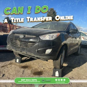 Dirty black Hyundai Tucson elevated on blocks. Text: "CAN I DO A TITLE TRANSFER ONLINE." Contact info at bottom.