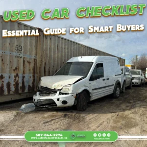 "Used Car Checklist" feature image. White damaged van for sale next to large storage containers outside.