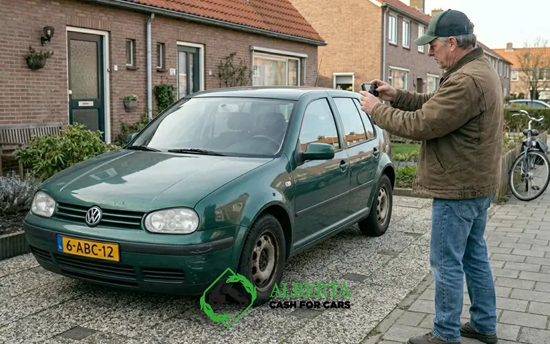 Man taking photo of his car and preparing