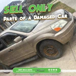 Dirty damaged SUV parked in a residential driveway with text promoting sell only parts of a damaged car