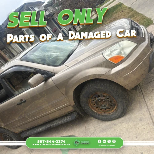 Dirty damaged SUV parked in a residential driveway with text promoting sell only parts of a damaged car