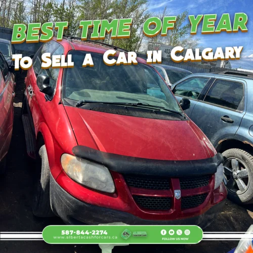 Red Dodge minivan in a crowded lot with bold text about the best time of year to sell a car in Calgary