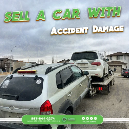 Sell a car with accident damage being towed on a flatbed truck in Alberta