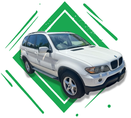 White BMW SUV centered over a green diamond graphic with a white background.