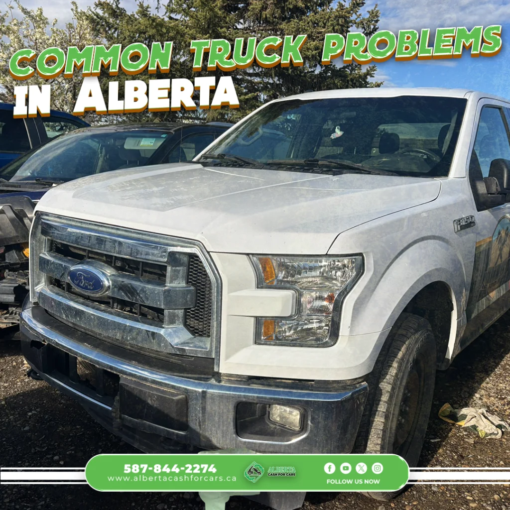 white ford tow truck and text : common truck problems in alberta