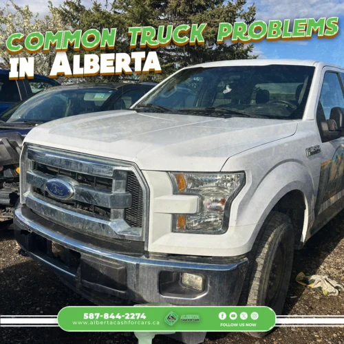 white ford tow truck and text : common truck problems in alberta