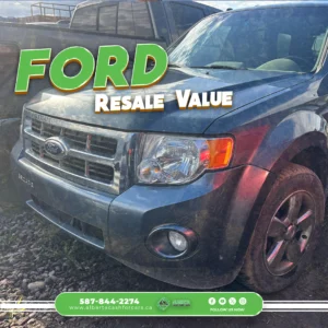 Blue Ford Escape SUV with "Ford Resale Value" text; features Alberta Cash for Cars contact info and website on green banner.