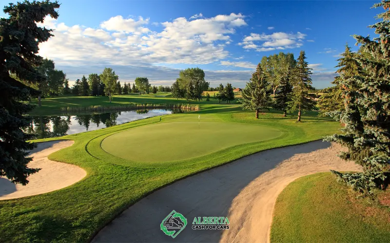 Lush green Bearspaw golf course featuring a pond, sand bunkers, and pine trees under a clear blue sky