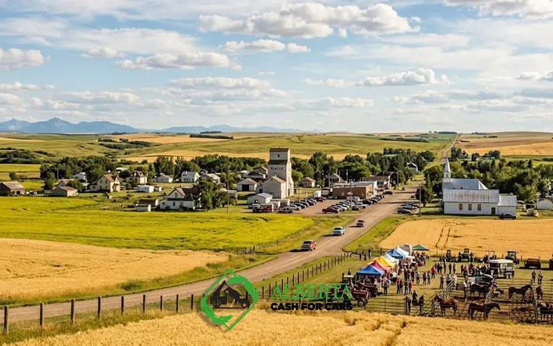 Panoramic view of Blackie, Alberta, featuring a historic grain elevator, rural fields