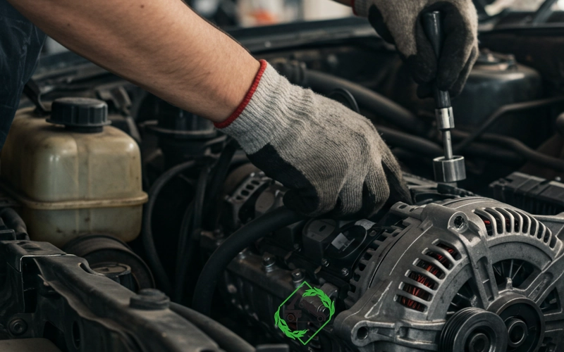 A mechanic working on a car