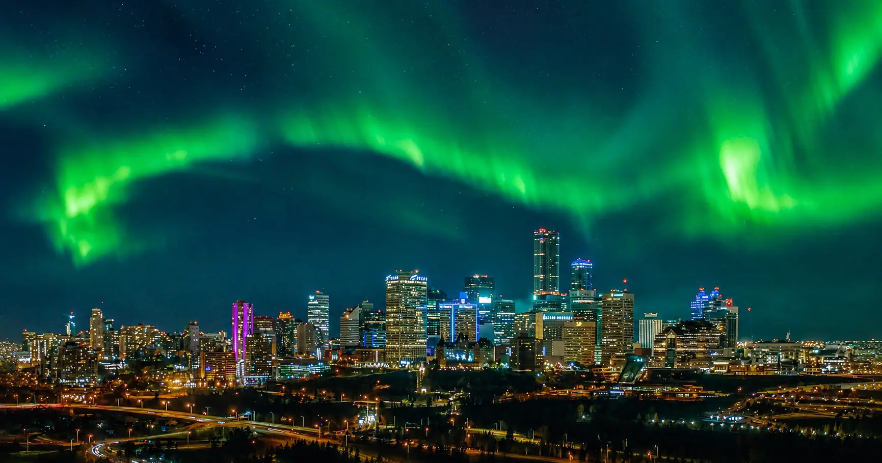 Edmonton skyline at night seen from the river valley lookout
