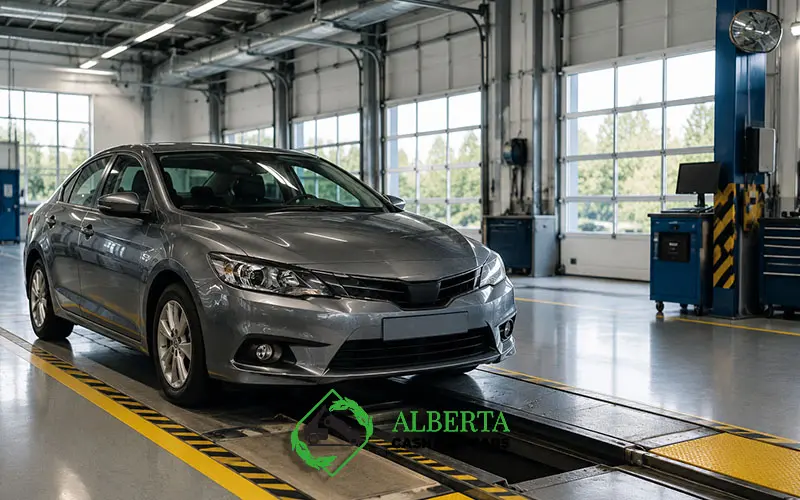 Gray sedan undergoing a professional vehicle inspection inside a well-lit auto repair shop.