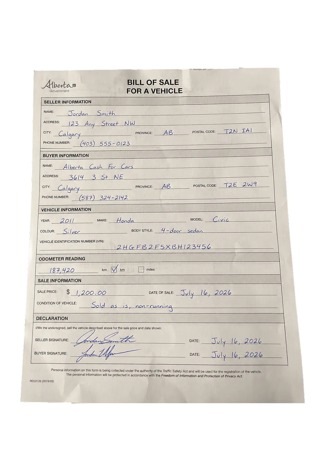 Example of a fully completed Alberta vehicle Bill of Sale form