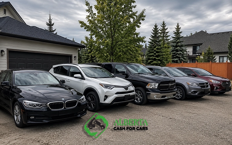 Multiple cars parked in front of a garage