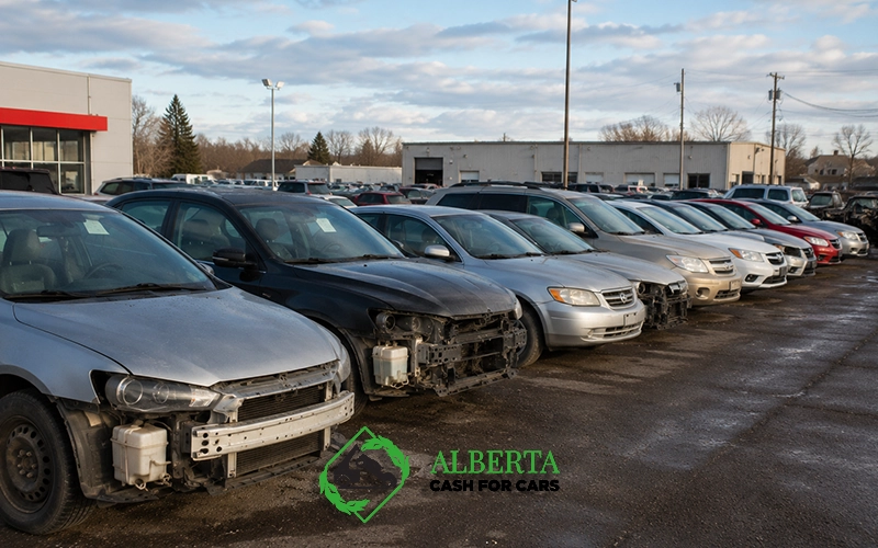 Junk yard with junks cars parked in it