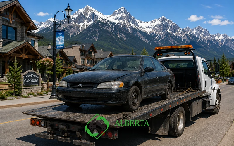 Flatbed Carrying a Car in Canmore