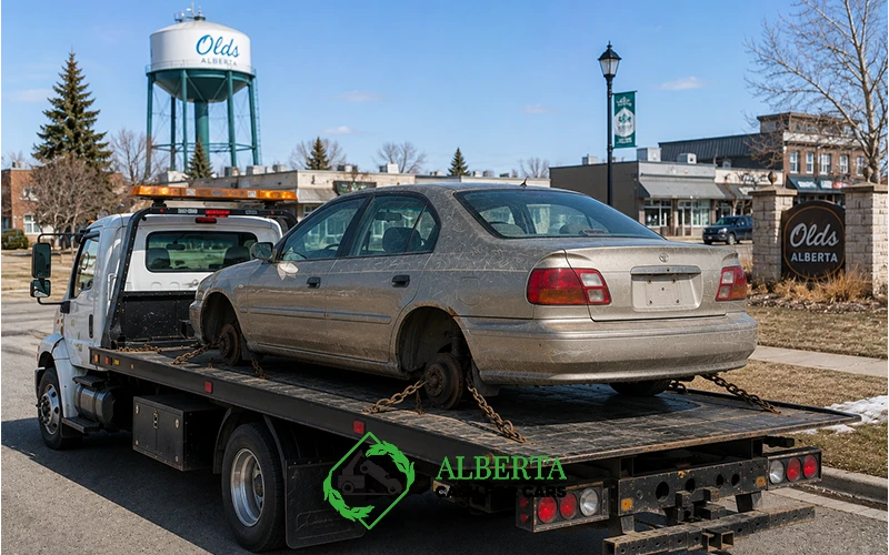Flatbed Carrying a Car In Olds