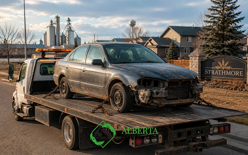 Flatbed truck carrying a car in Strathmore