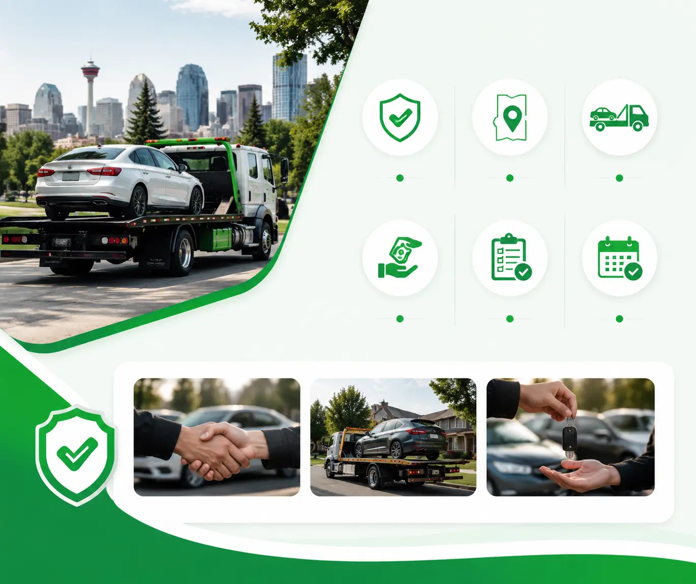 Alberta Cash For Cars flatbed tow truck picking up a wrecked vehicle in Alberta